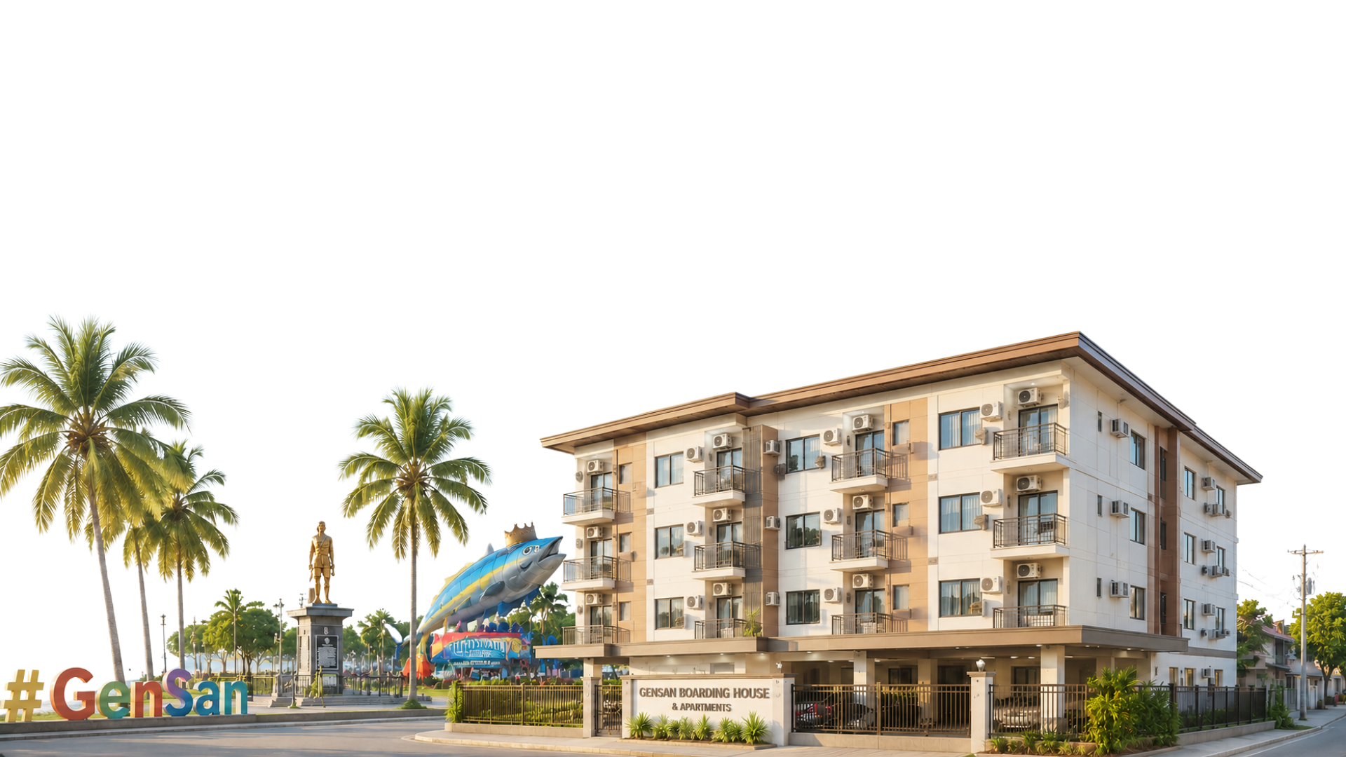 Modern two-story house with large glass windows and surrounding desert landscape with rocks and sparse vegetation.